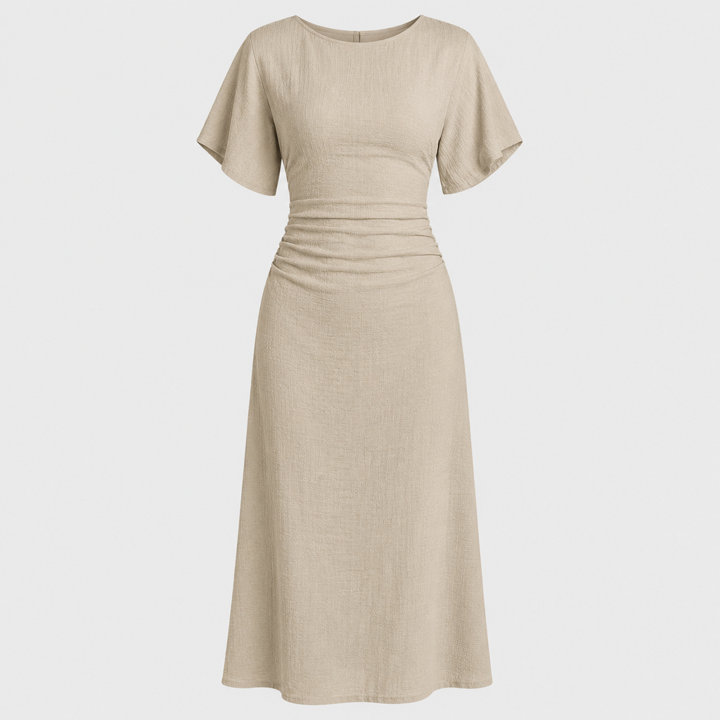 Short sleeve maxi dress with round neckline, ruched waistband, and sleek column silhouette