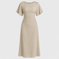Short sleeve maxi dress with round neckline, ruched waistband, and sleek column silhouette
