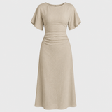 Short sleeve maxi dress with round neckline, ruched waistband, and sleek column silhouette