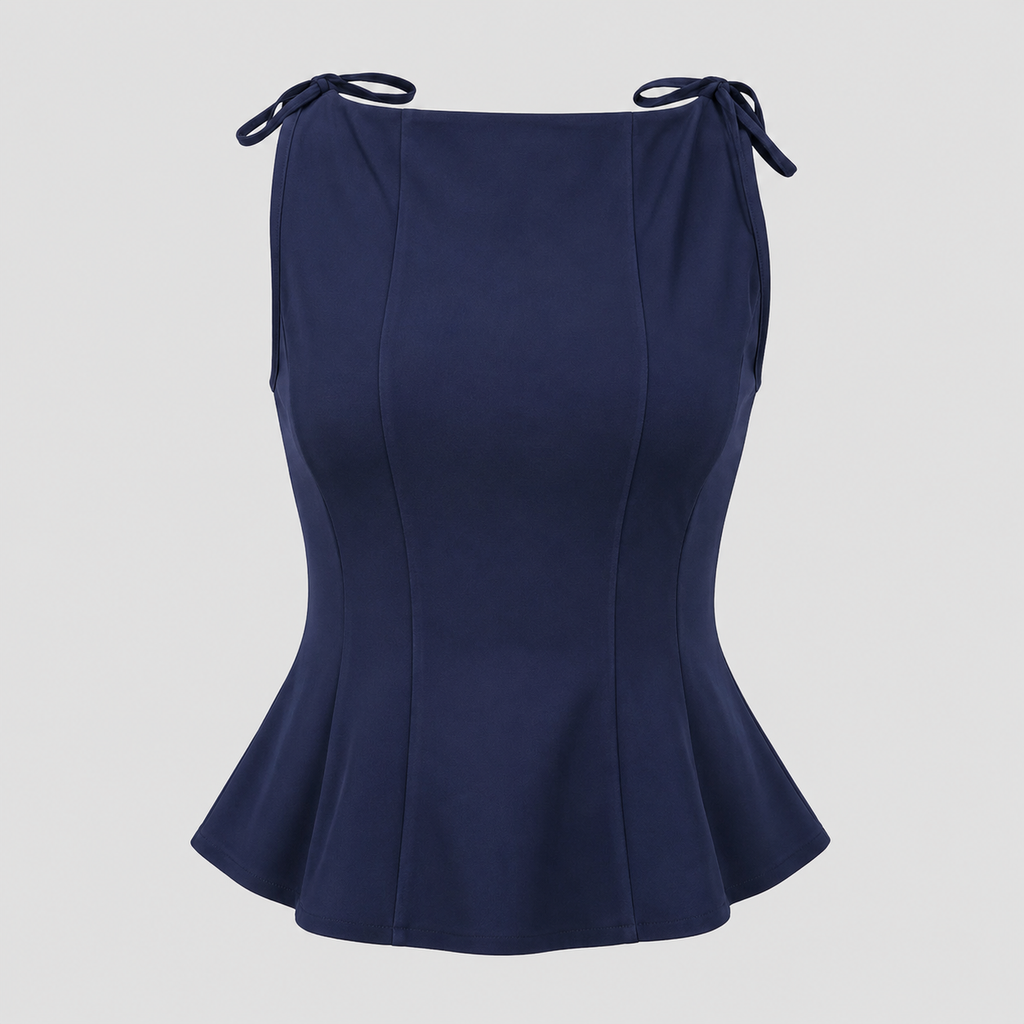 Sleeveless peplum top with boat neckline, shoulder tie accents, sculpted seams, and tailored waist for an elegant structured silhouette