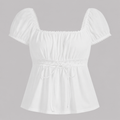 Square-neck peplum top with lace trim, short puff sleeves, adjustable drawstring waist, and flowy hem for a romantic feminine look