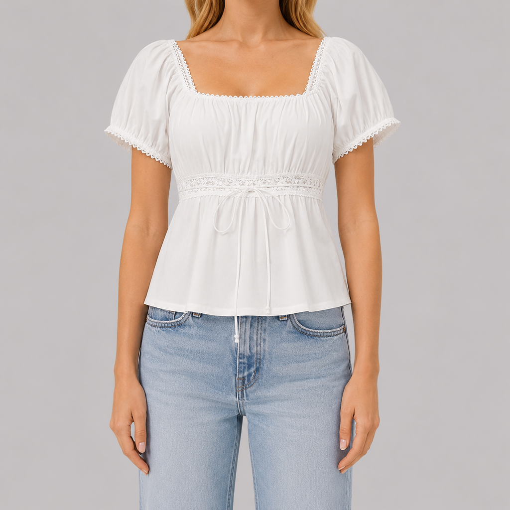 Square-neck peplum top with lace trim, short puff sleeves, adjustable drawstring waist, and flowy hem for a romantic feminine look