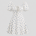 Floral mini dress with square neckline, front tie detail, short puff sleeves, and fit-and-flare silhouette