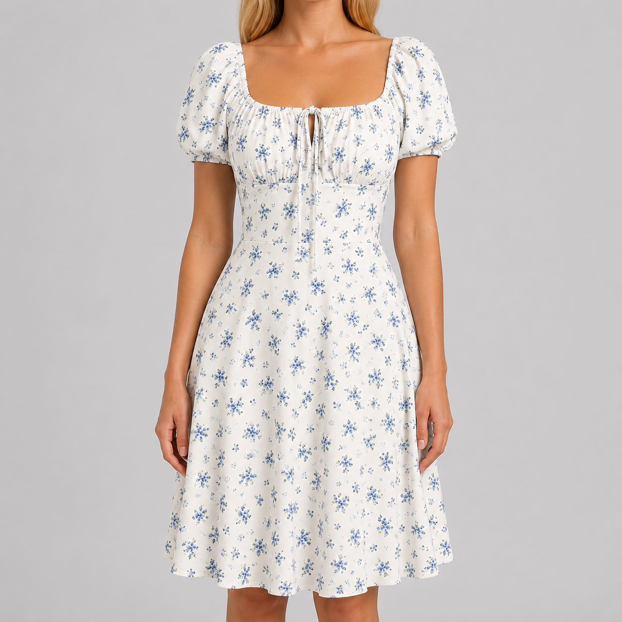 Floral mini dress with square neckline, front tie detail, short puff sleeves, and fit-and-flare silhouette