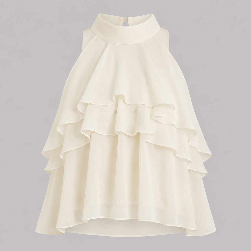 Sleeveless halter blouse with mock neckline, tiered cascading ruffles, and flowy chiffon silhouette for an elegant feminine look