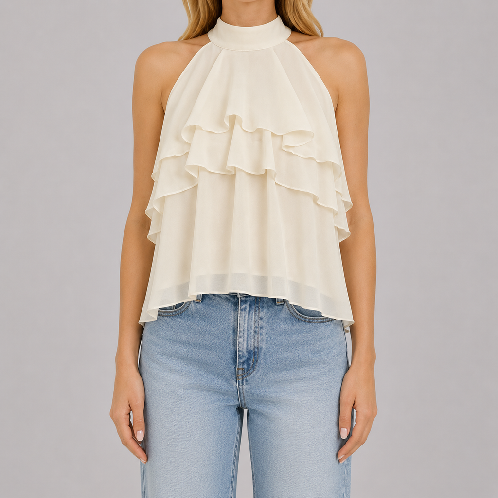 Sleeveless halter blouse with mock neckline, tiered cascading ruffles, and flowy chiffon silhouette for an elegant feminine look