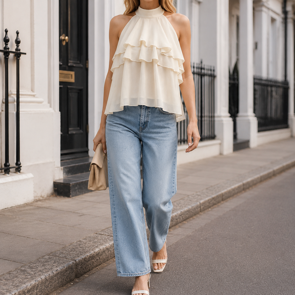Sleeveless halter blouse with mock neckline, tiered cascading ruffles, and flowy chiffon silhouette for an elegant feminine look