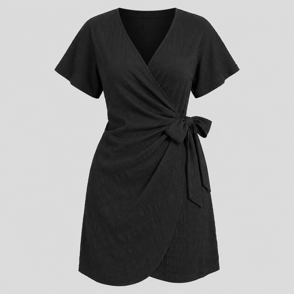Short sleeve wrap mini dress with surplice V-neckline, side tie waist, and textured fabric