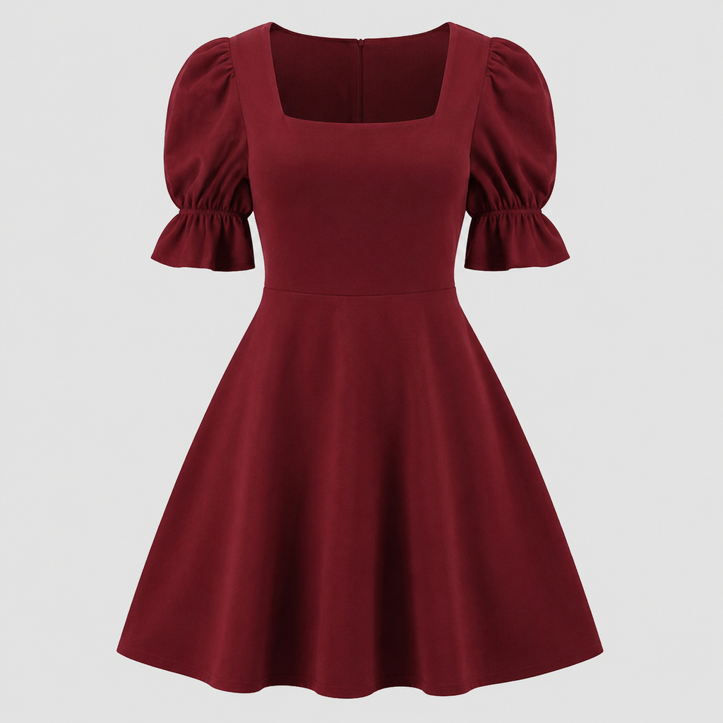 Square-neck mini dress with short puff sleeves, fitted waist, and flared fit-and-flare skirt