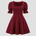 Square-neck mini dress with short puff sleeves, fitted waist, and flared fit-and-flare skirt