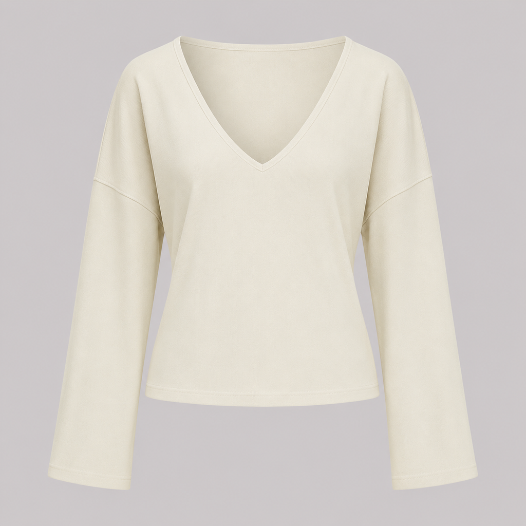 V-neck fitted top with gathered waist, long drape sleeves, and a sleek modern silhouette
