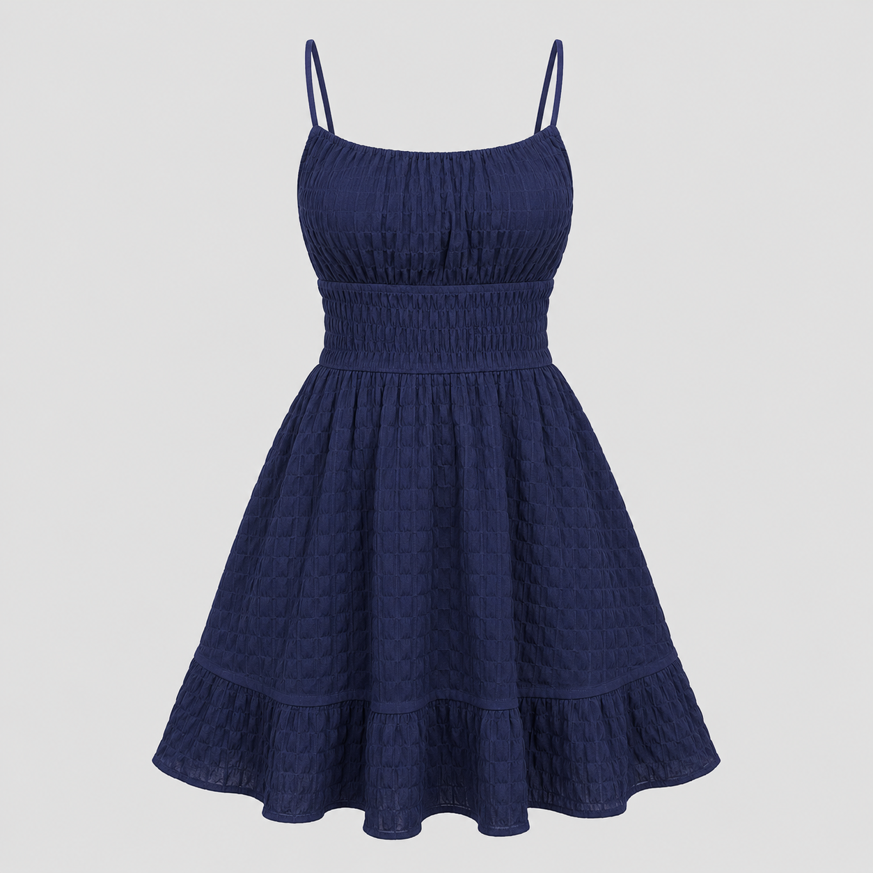 Sleeveless mini sundress with square neckline, smocked waistband, textured fabric, and flared ruffle hem