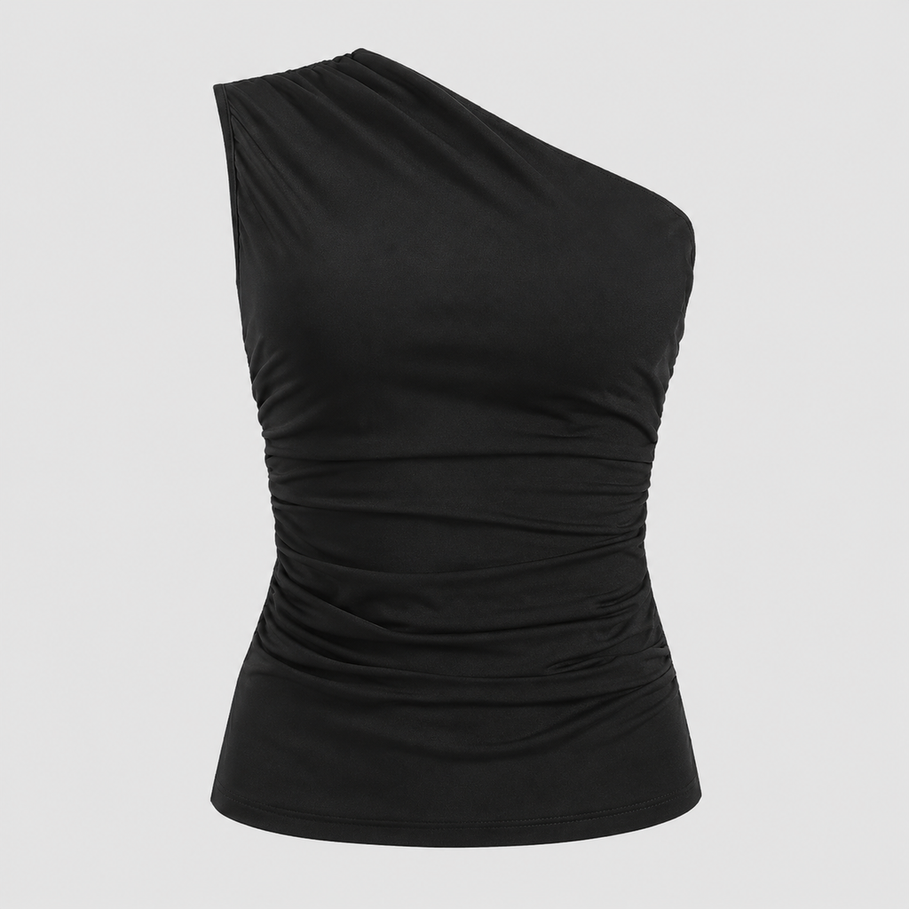 One-shoulder ruched fitted top with asymmetrical neckline and sleek body-contouring silhouette