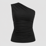 One-shoulder ruched fitted top with asymmetrical neckline and sleek body-contouring silhouette