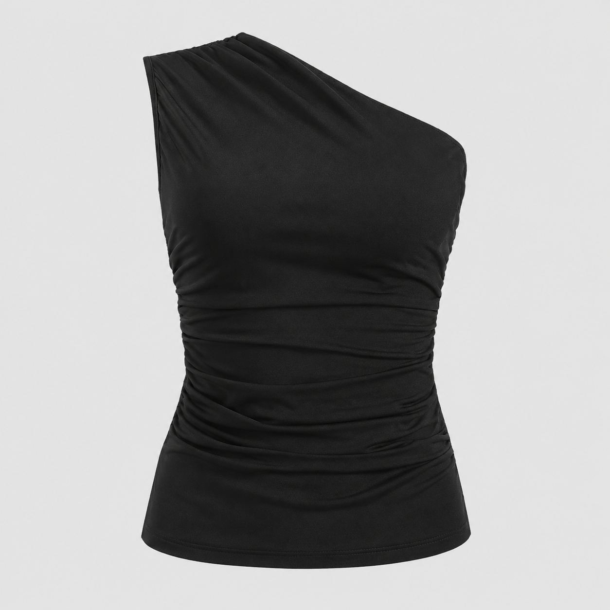 One-shoulder ruched fitted top with asymmetrical neckline and sleek body-contouring silhouette