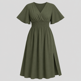 Flutter sleeve maxi dress with surplice V-neckline, smocked waistband, and flowing floor-length silhouette