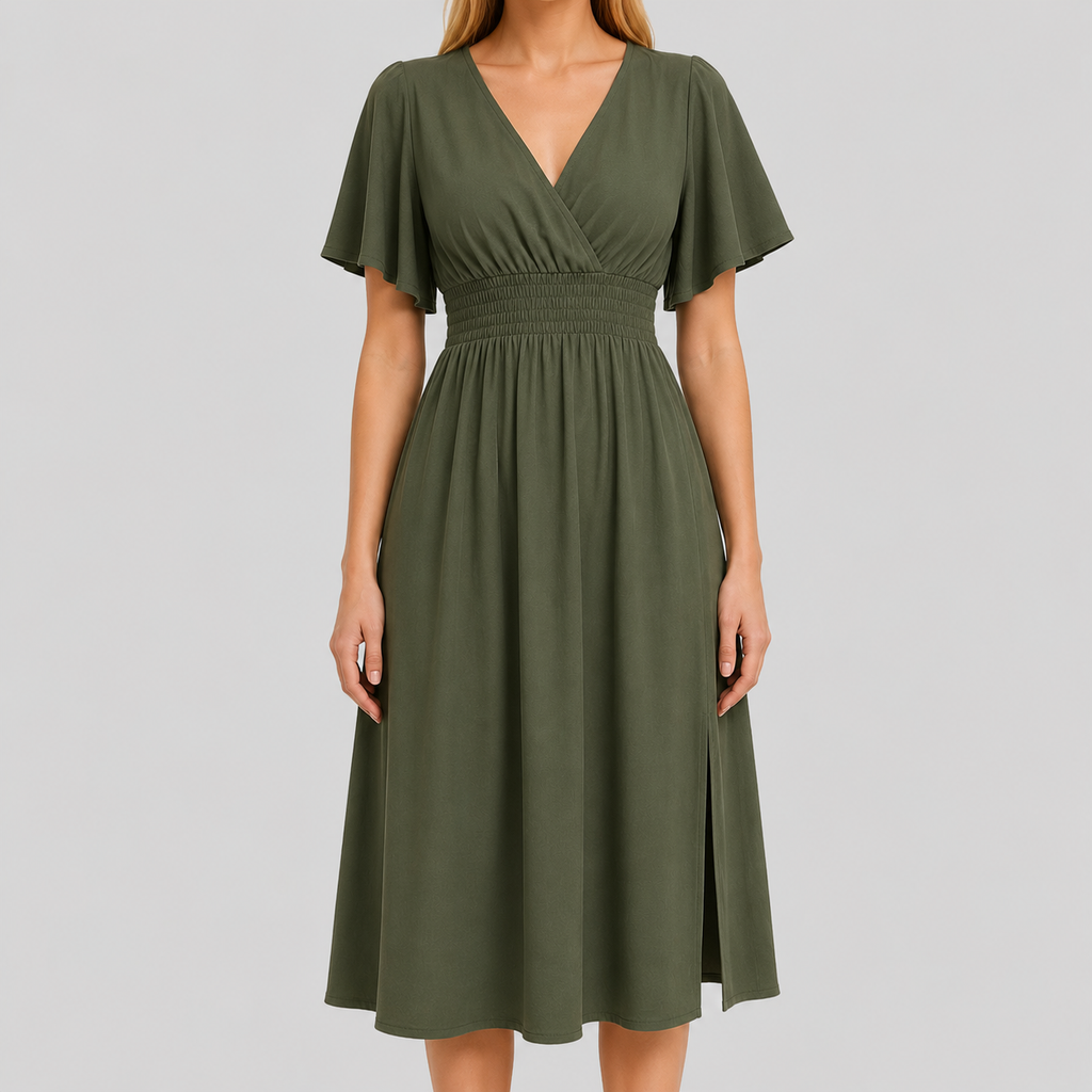 Flutter sleeve maxi dress with surplice V-neckline, smocked waistband, and flowing floor-length silhouette