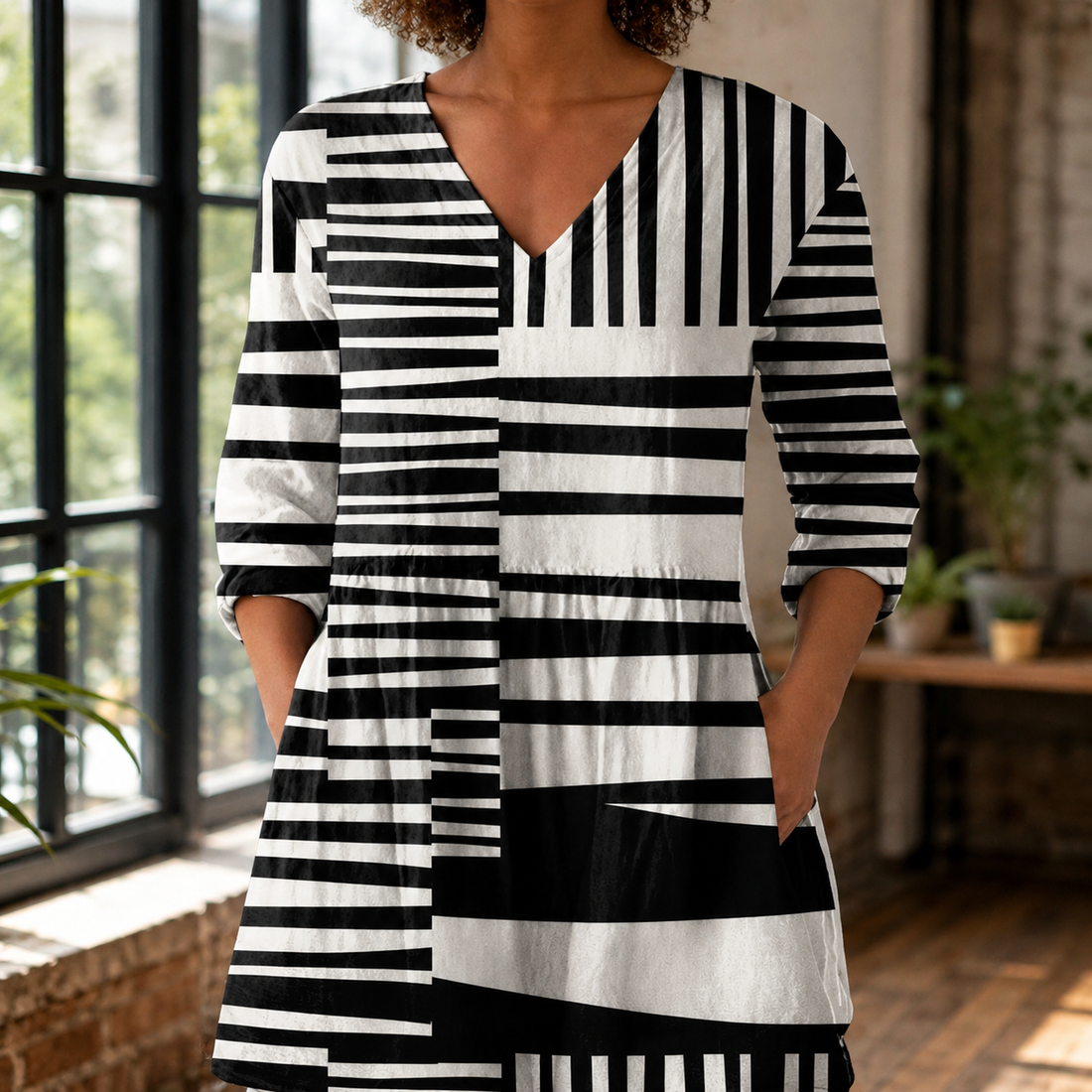 Willa-Lane V Neck Blouse - Black White