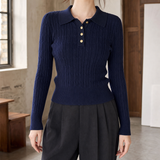 Leila Ribbed Polo Sweater - Navy Blue