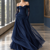 Crystal-Pearl Off-Shoulder Dress - Navy Blue