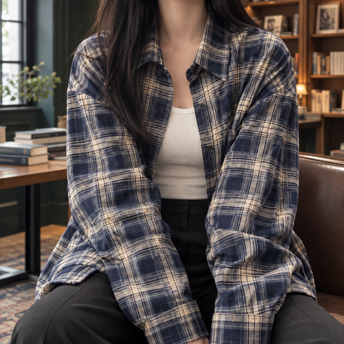 Honora-Sage Plaid Overshirt - Navy Blue Plaid