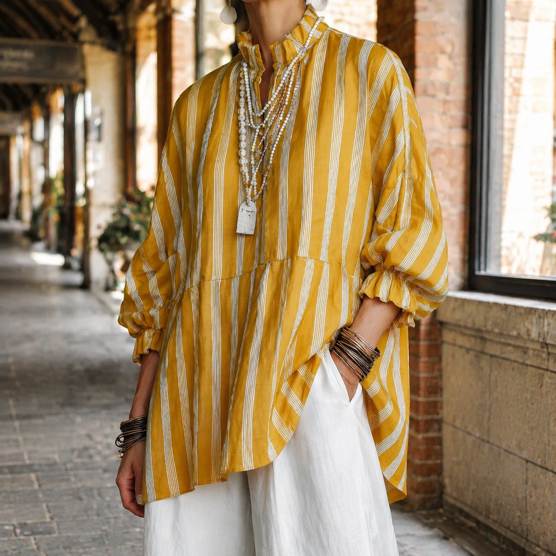 Juliet-Claire Ruffle Neck Blouse - Yellow