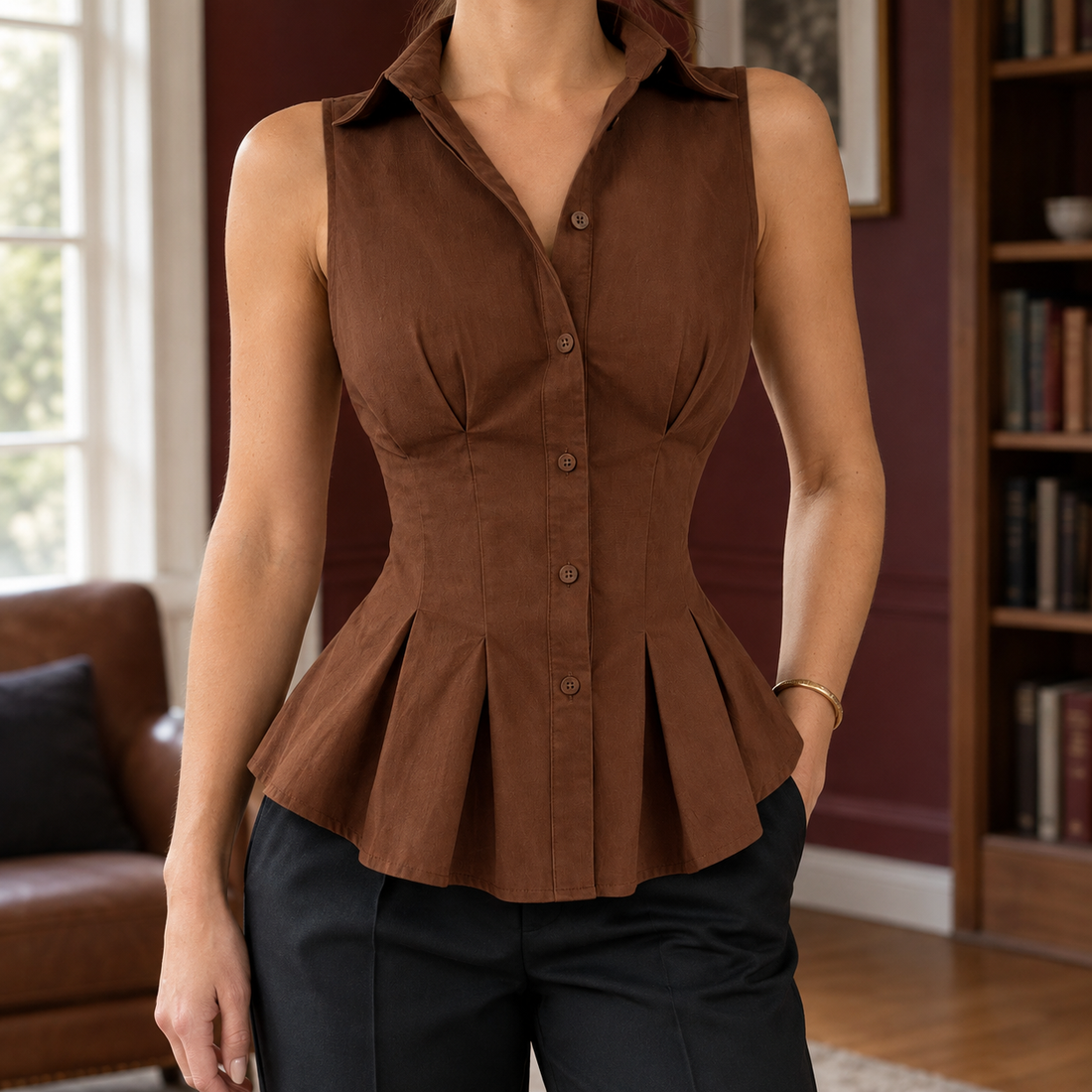 Chantal-Sage Tailored Peplum Top - Dark Brown