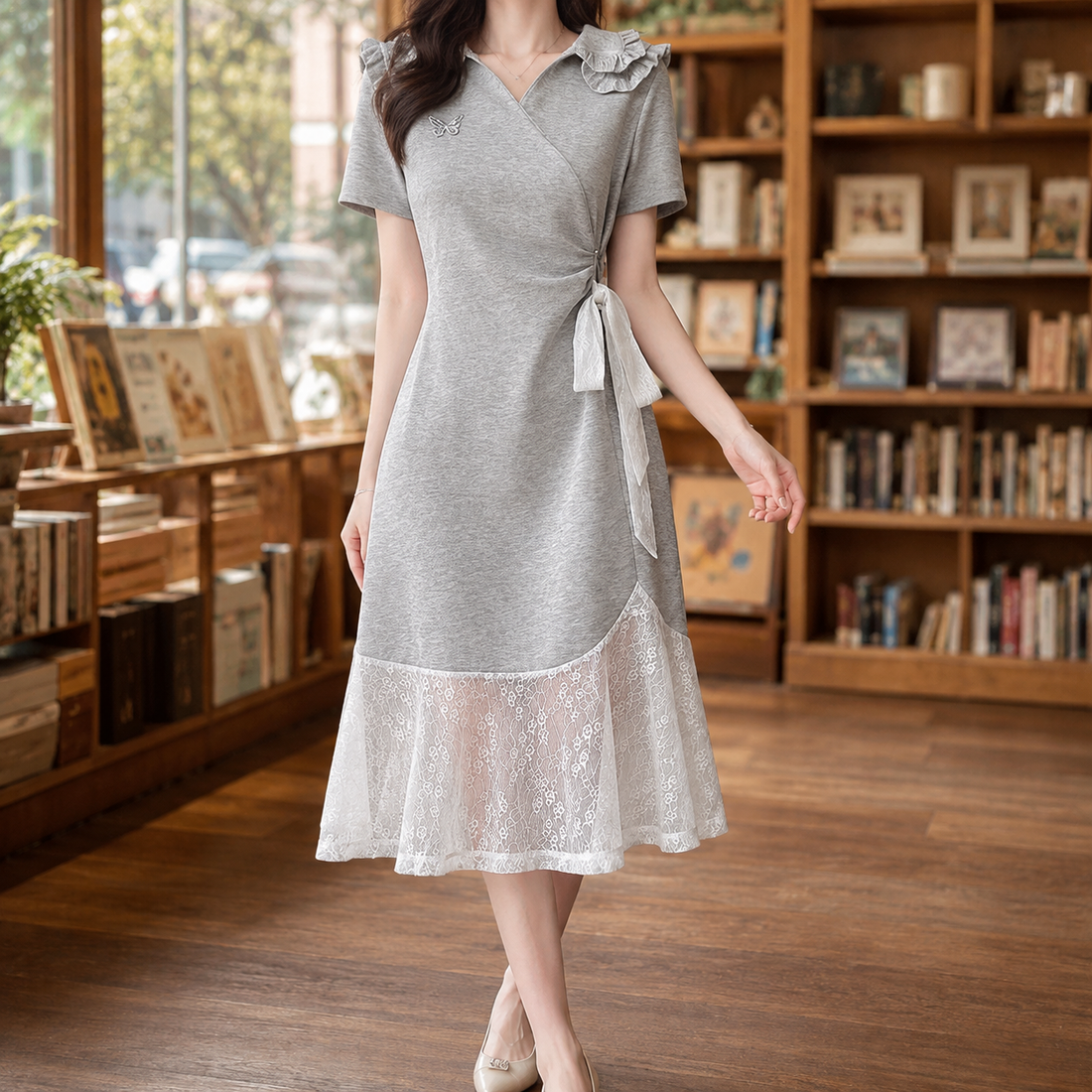 Odalys Lace-Panel Dress - Gray