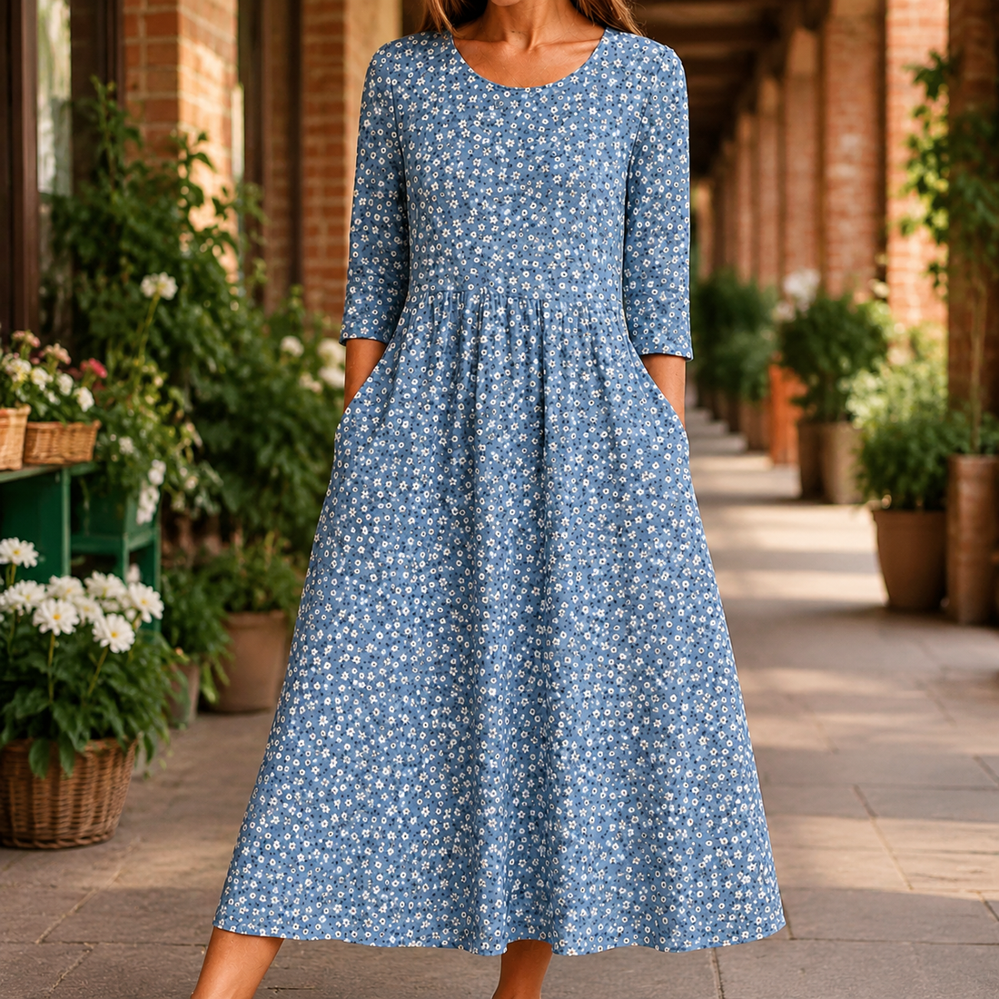 Maeve Gathered Midi Dress - Floral Blue