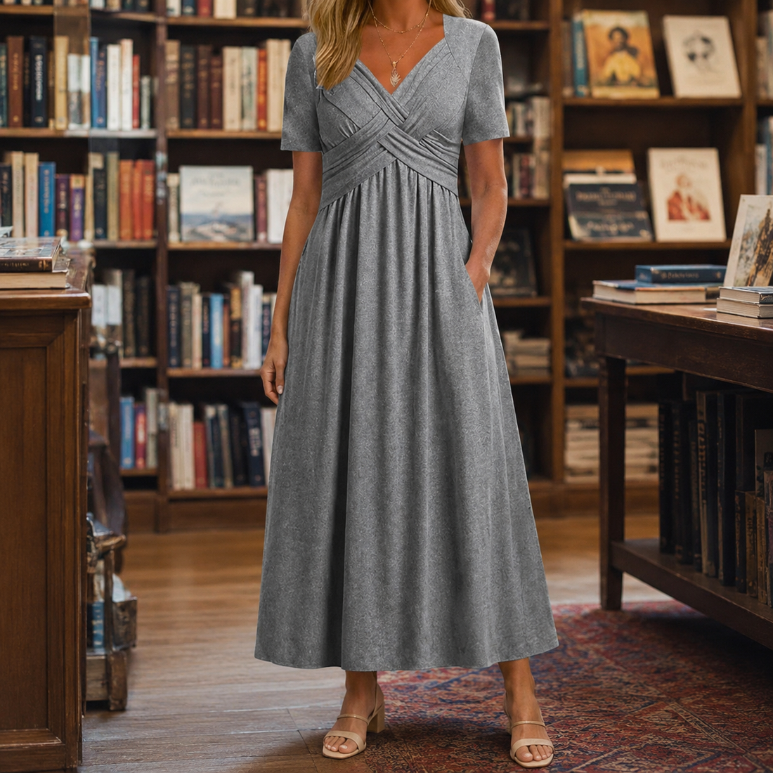 Mireille-Jane Surplice Midi Dress - Gray