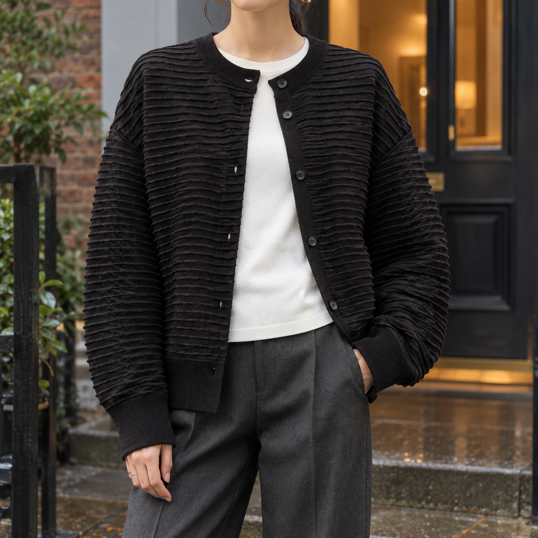 Junia-Sage Textured Cardigan - Black