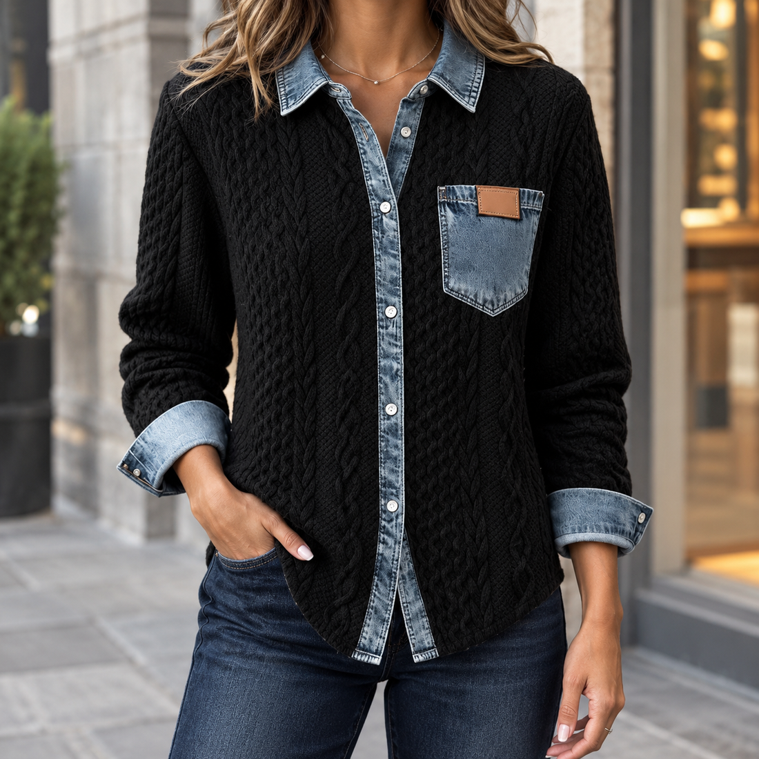 Adrienne-Lane Denim Knit Overshirt - Black