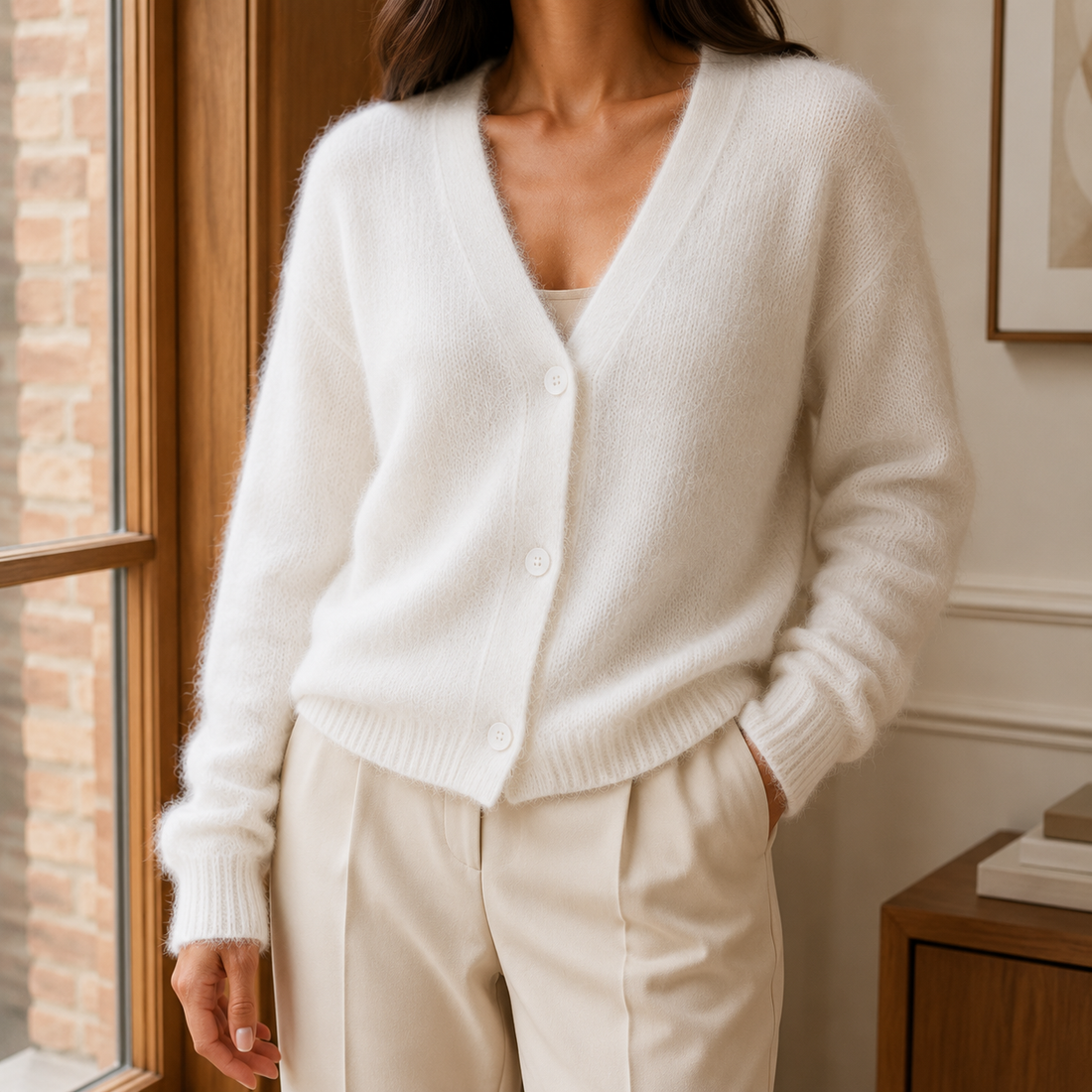 Clara-Pearl V-Neck Sweater - White