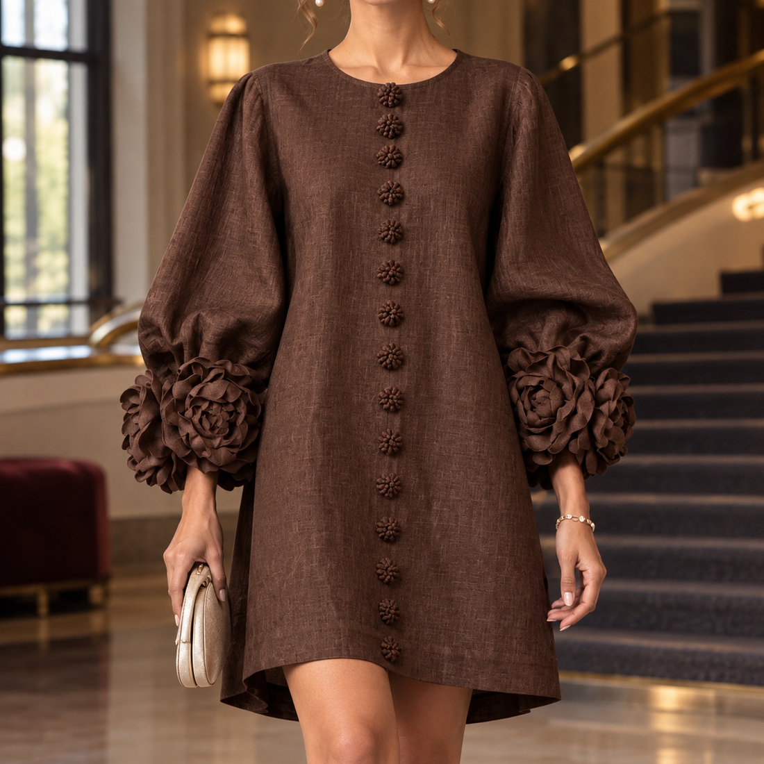 Kiera Floral Cuff Dress - Brown