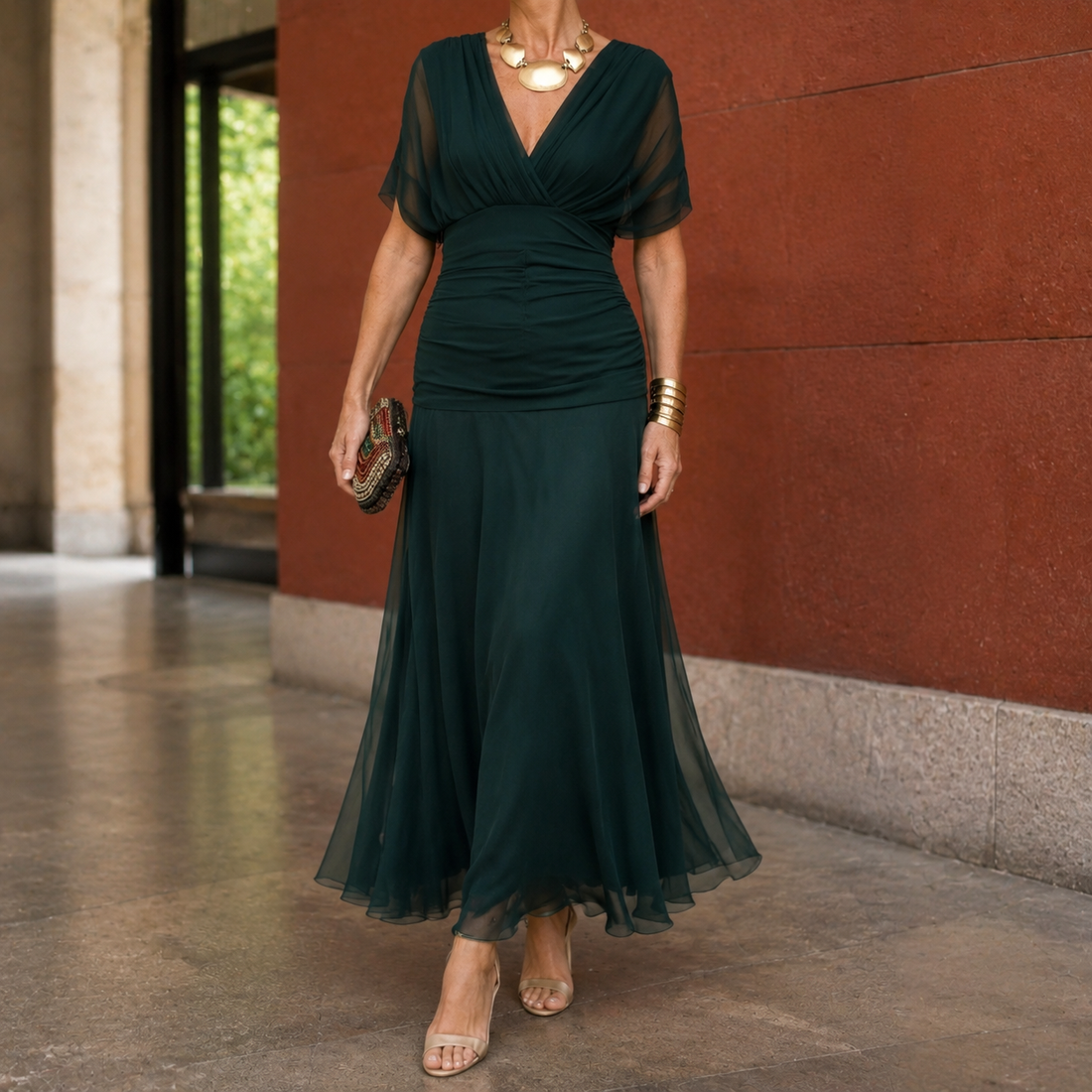 Serena-Pearl Draped Maxi Dress - Dark Green