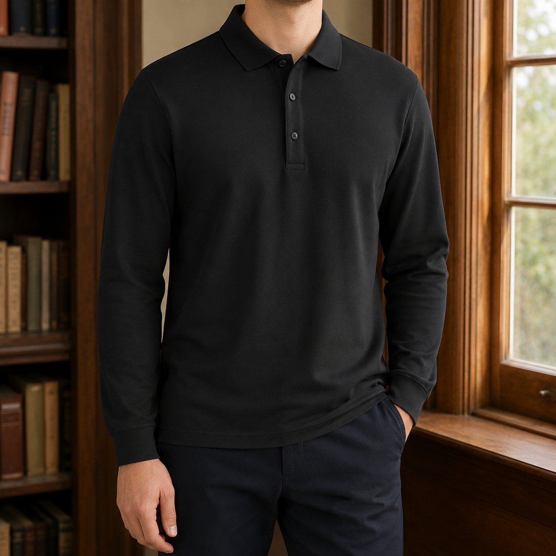 Edmund Long-Sleeve Polo - Option A - Black