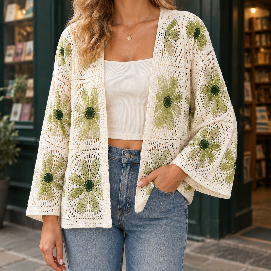 Victoria Crochet Cardigan - White Green Floral Pattern