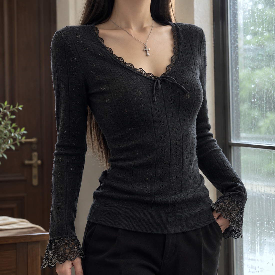 Stacey-Faye Lace Trim Sweater - Black