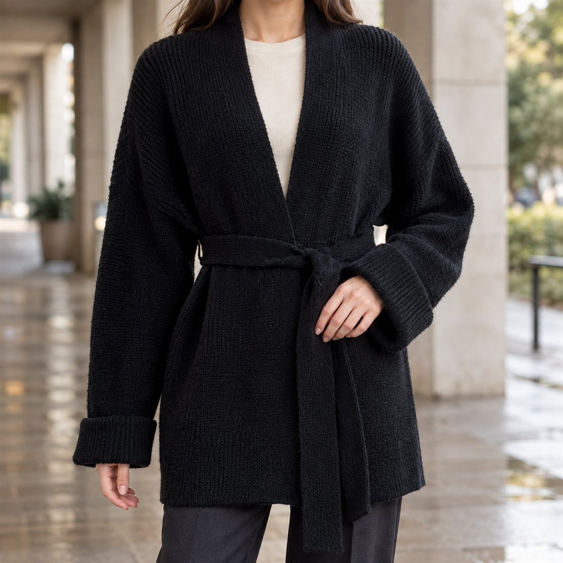 Michelle-Jade Belted Cardigan - Black