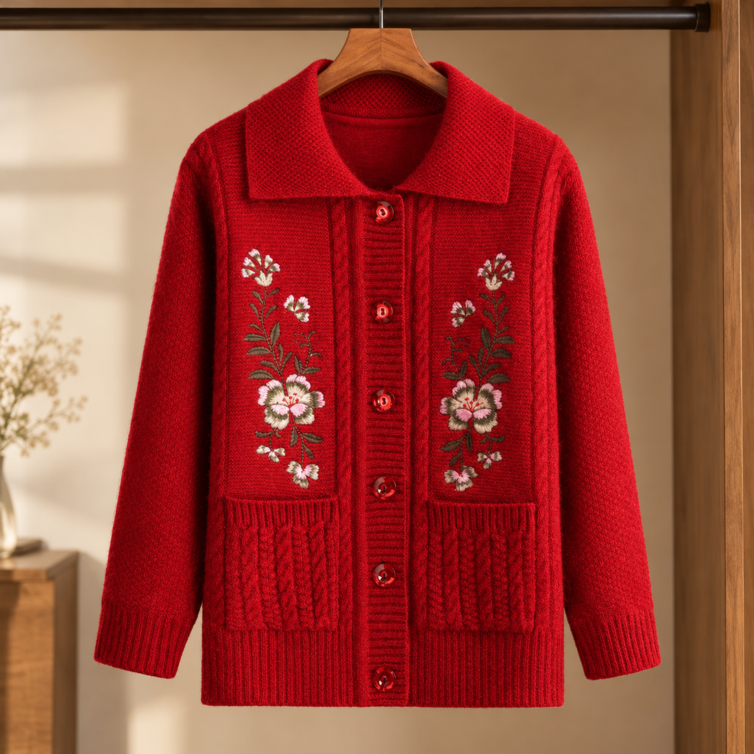 Alice Embroidered Cardigan - Red