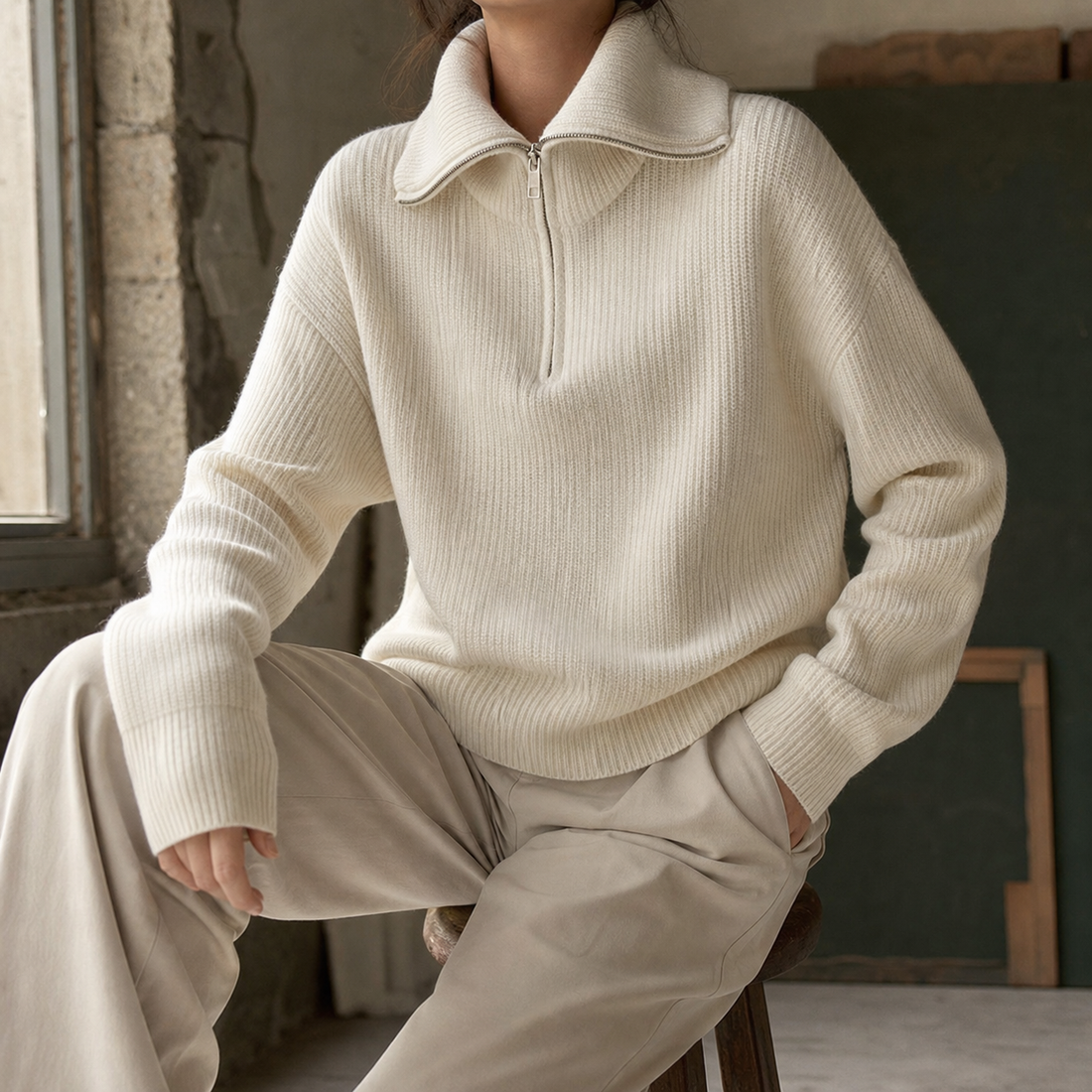 Xaviera-Sage Zip Neck Sweater - Off White
