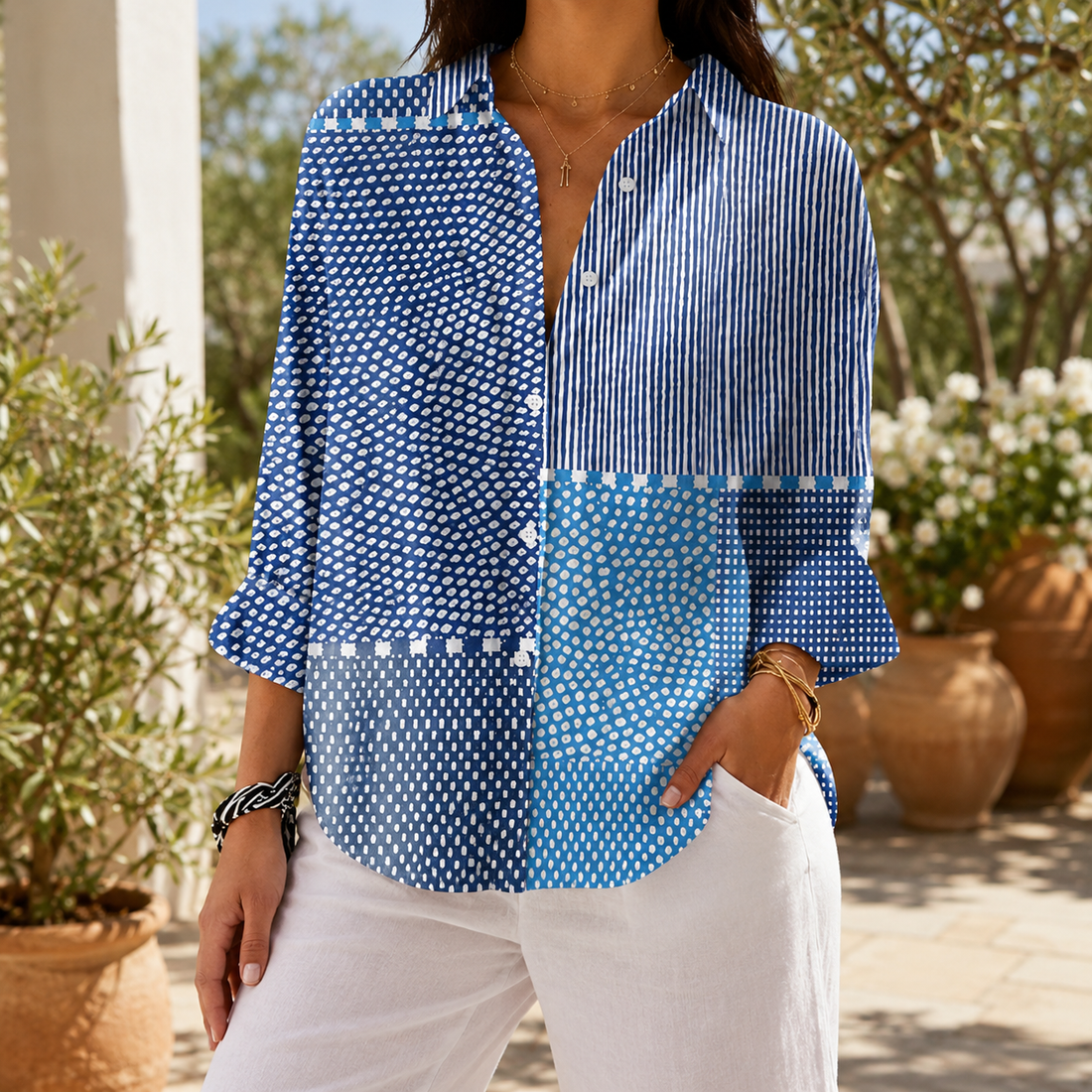 Orla Patchwork Blouse - Blue Patchwork