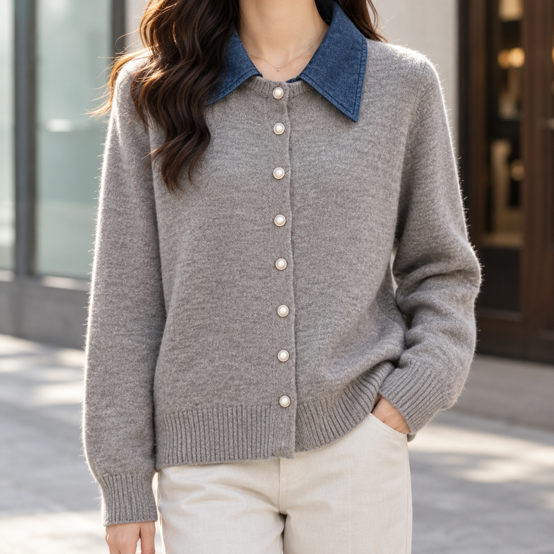 Joy Contrast Collar Cardigan - Gray