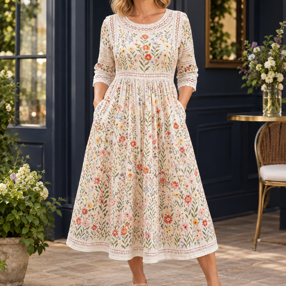 Greta-Jade Floral Midi Dress - Ivory Floral