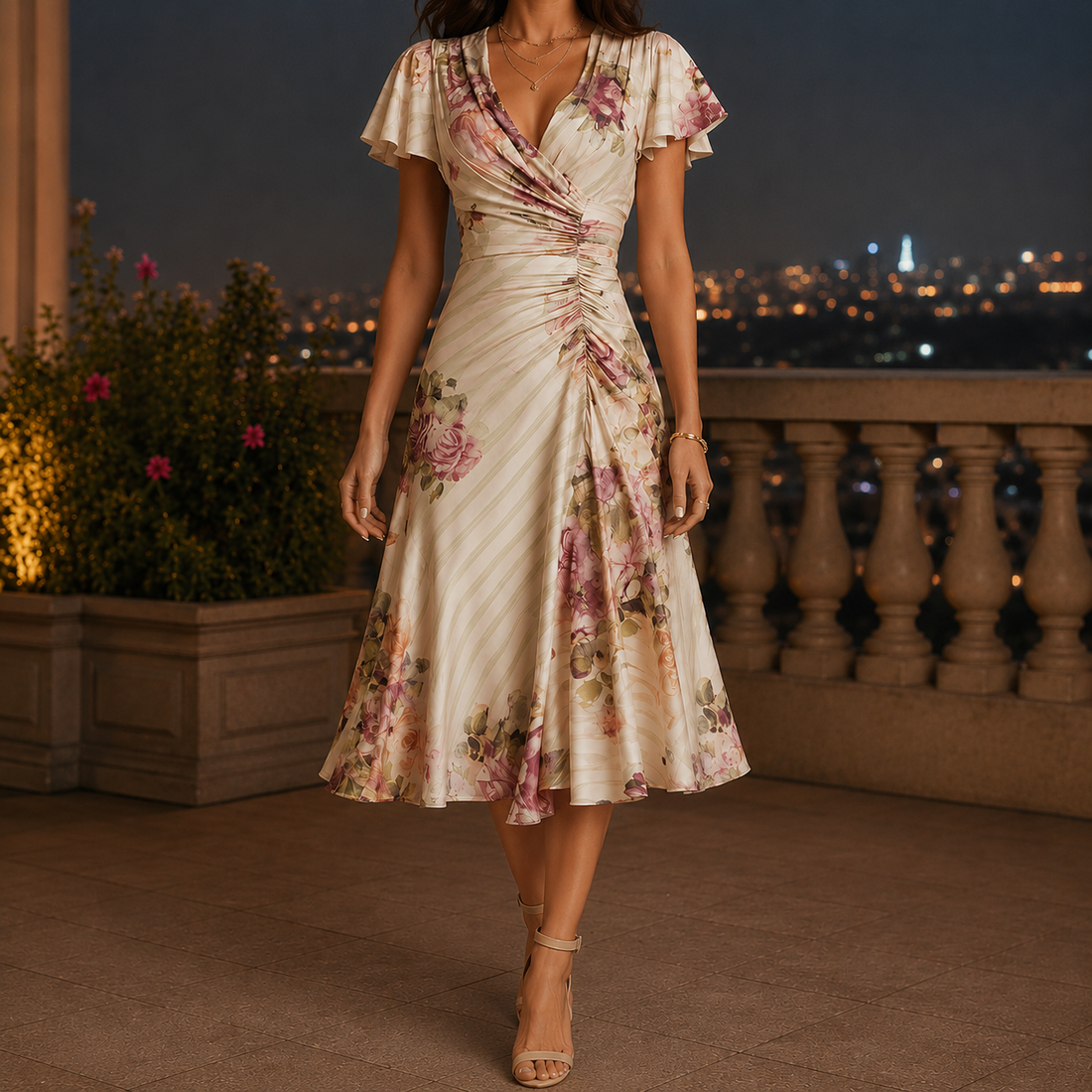 Marina Ruched Midi Dress - Beige