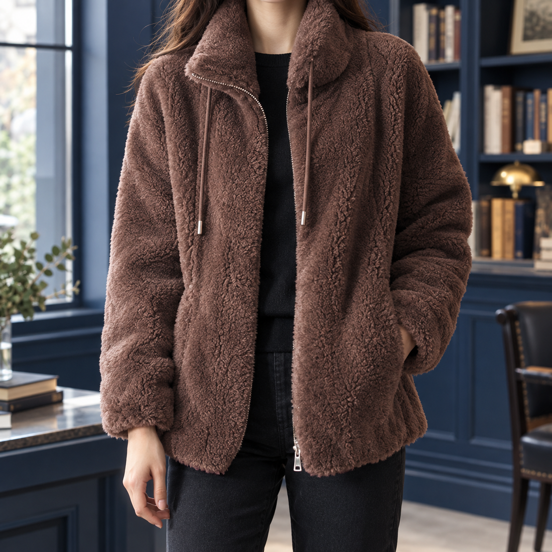 Agnes-Claire Plush Fleece Jacket - Dark Brown
