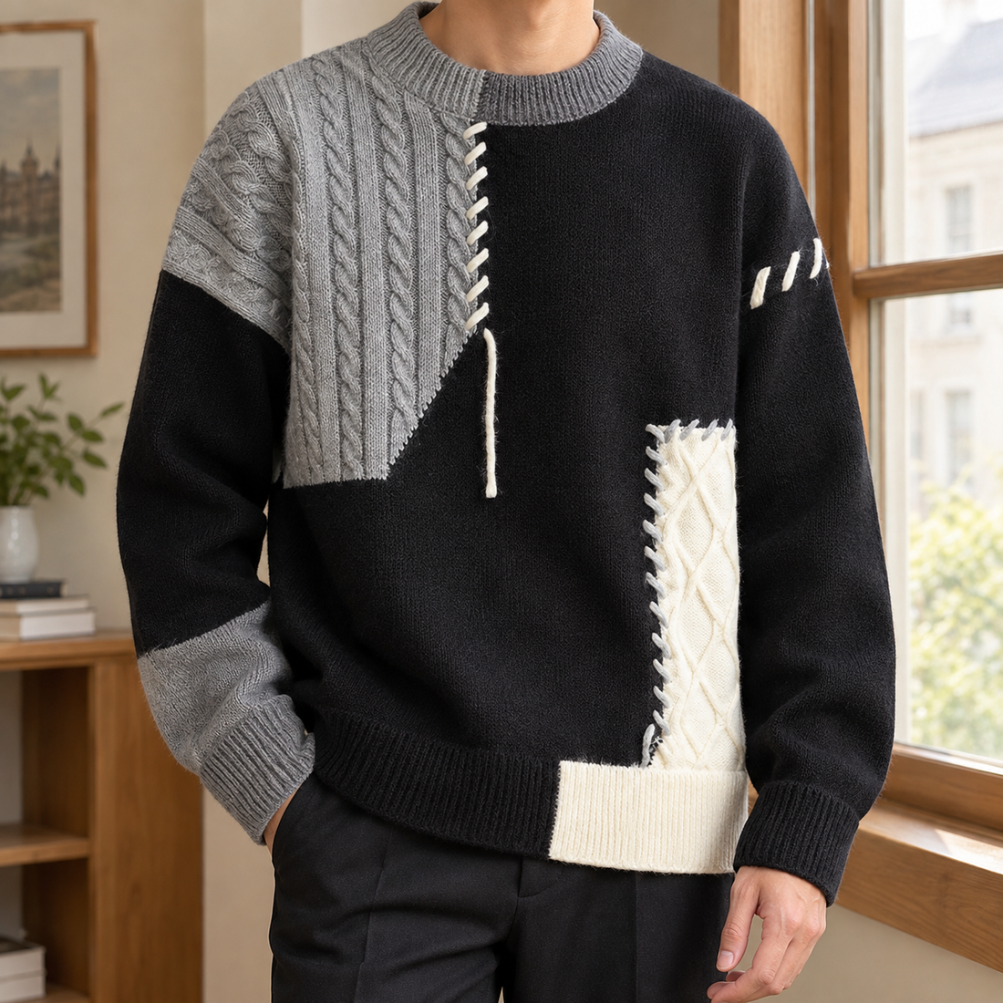 Archambault Patchwork Knit Sweater - Gray