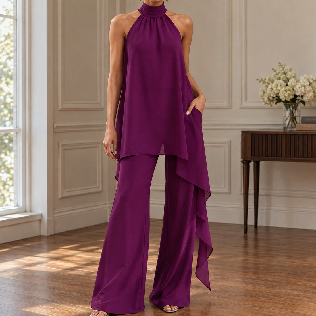 Caitlin Draped Halter Set - Purple