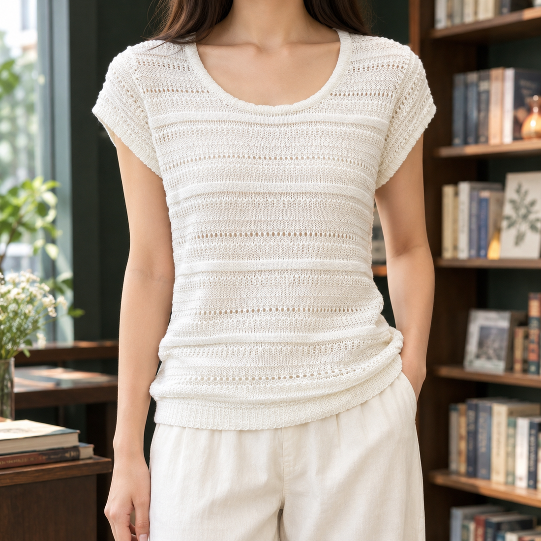 Selena Pointelle Top - White
