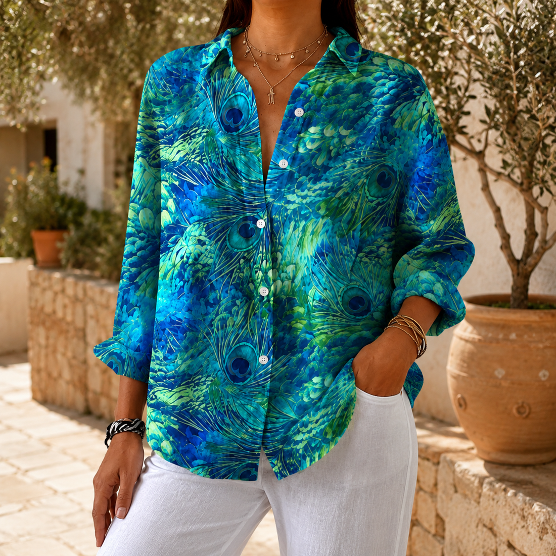 Freya Peacock Blouse - Blue And Green Peacock Print